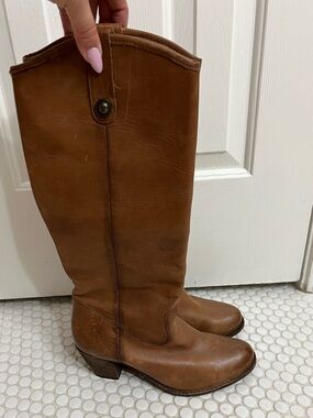 Frye Jackie Button Riding Boots Brown Leather Knee High Block Heel 9.5